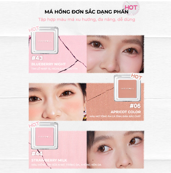Phấn Má Hồng JUDYDOLL 2g Đơn Sắc Mịn Lì Chuẩn Màu Trang Điểm Tự Nhiên Lâu Trôi Bền Màu Suốt 24h